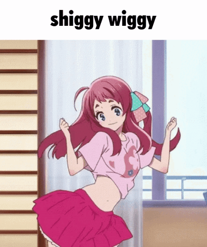 A Girl In A Pink Skirt Is Dancing With The Words Shiggy Wiggy Below Her GIF