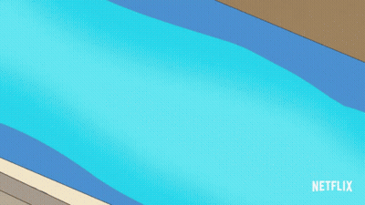 a girl in a pink skirt is going down a water slide with netflix written on the bottom