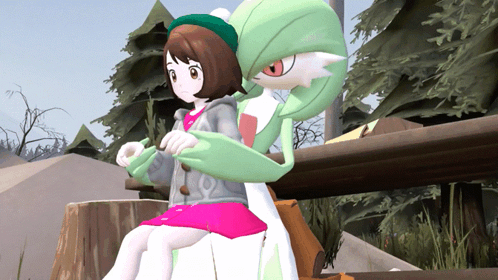 A Girl In A Pink Skirt Sits On A Bench Next To A Pokemon GIF