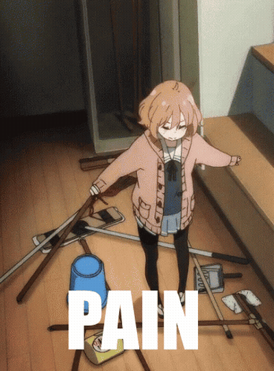 A Girl In A Pink Sweater Is Standing In A Messy Room With The Word Pain Below Her GIF