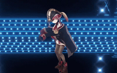 A Girl In A Pirate Outfit Is Dancing In Front Of A Blue Background GIF
