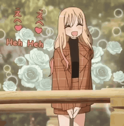 A Girl In A Plaid Jacket Is Standing Next To A Wooden Railing With Flowers In The Background . GIF