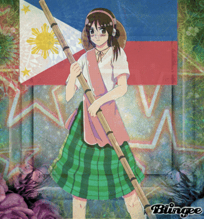 A Girl In A Plaid Skirt Is Holding A Bamboo Pole In Front Of A Flag GIF