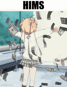A Girl In A Plaid Skirt Is Surrounded By Money That Says Hims On It GIF