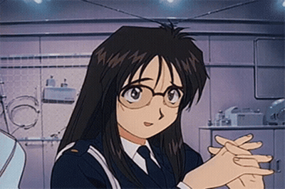 A Girl In A Police Uniform With Glasses Is Holding Her Hands Together GIF