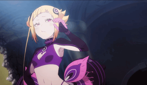 A Girl In A Purple And Pink Costume With A Crown On Her Head GIF