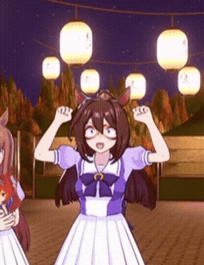 A Girl In A Purple And White Dress Is Standing Next To Another Girl In A Red Dress GIF