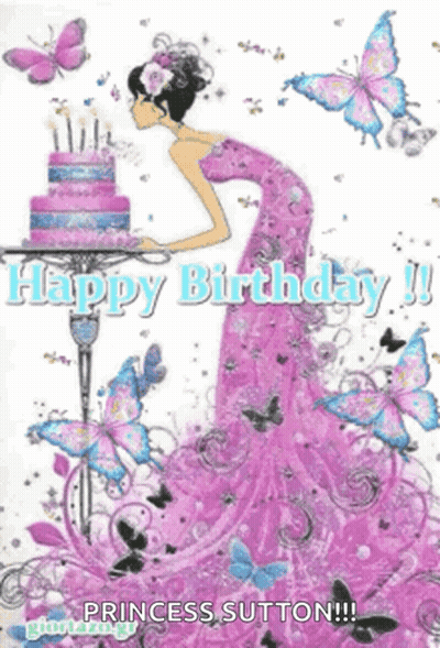 A Girl In A Purple Dress Blowing Out Candles On A Birthday Cake GIF