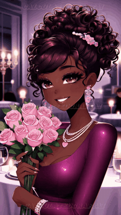 A Girl In A Purple Dress Holding A Bouquet Of Pink Roses GIF