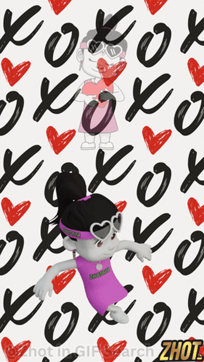 A Girl In A Purple Dress Is Holding A Heart In Front Of A Pattern Of Hearts And The Word Zhou On The Bottom GIF