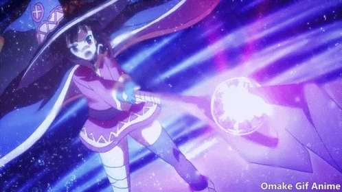 A Girl In A Purple Dress Is Holding A Purple Object With The Words Omake Gif Anime Written Below Her GIF