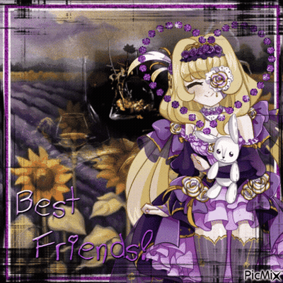 A Girl In A Purple Dress Is Holding A Stuffed Bunny With The Words Best Friends Written On It GIF