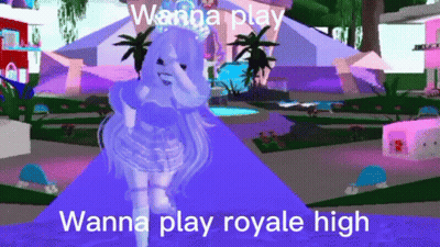 A Girl In A Purple Dress Is Standing In A Park With The Words Wanna Play Royale High On The Bottom . GIF