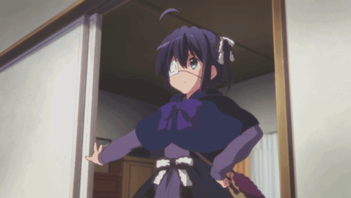 A Girl In A Purple Dress Is Standing In A Room GIF