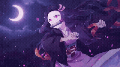 A Girl In A Purple Dress Is Standing In Front Of A Crescent Moon In The Night Sky . GIF