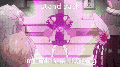 A Girl In A Purple Dress Is Standing In Front Of A Group Of People With The Words `` Stand Back Im Mah Bout To Jong '' . GIF