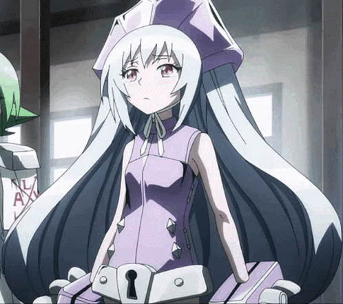 A Girl In A Purple Outfit With A Keyhole On Her Belt GIF