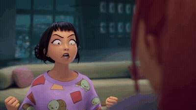 A Girl In A Purple Shirt Has Her Arms Outstretched And Looks Angry GIF