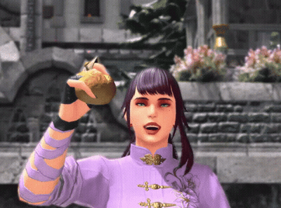 A Girl In A Purple Shirt Is Holding A Gold Object In Her Hand GIF
