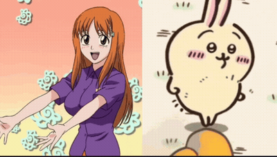 A Girl In A Purple Shirt Next To A Cartoon Rabbit GIF