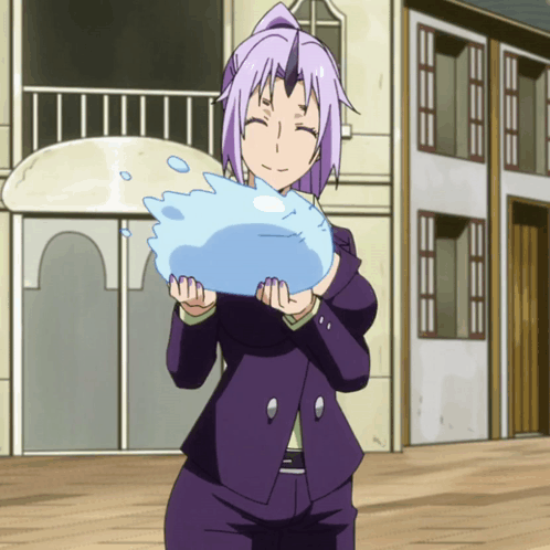 A Girl In A Purple Suit Is Holding A Blue Object GIF