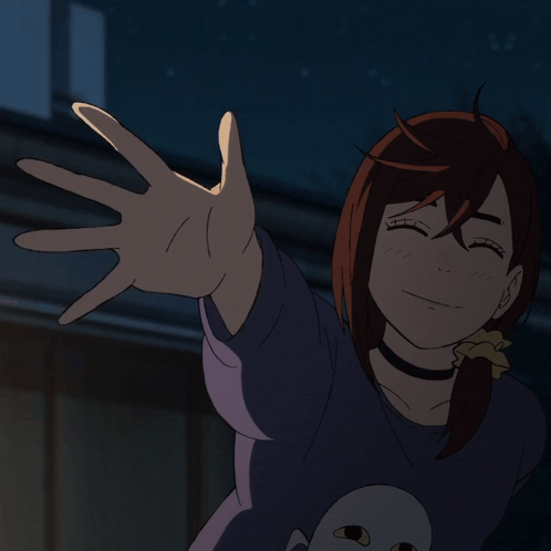 A Girl In A Purple Sweater With A Mask On It Waves Her Hand GIF