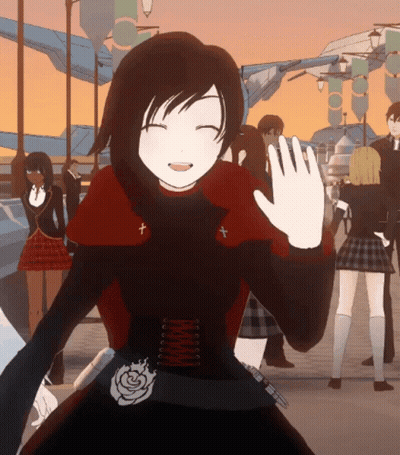 A Girl In A Red And Black Dress With A White Rose On The Waist Is Waving GIF