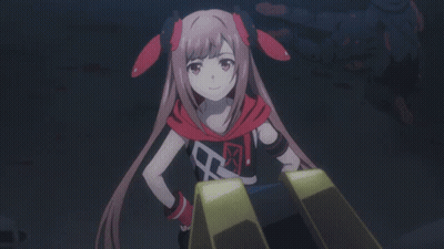 A Girl In A Red And Black Outfit With The Letter M On It GIF