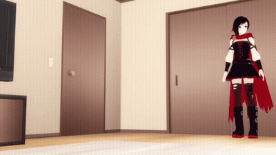 A Girl In A Red Cape Is Standing In A Room Next To A Door GIF