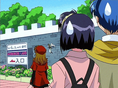 A Girl In A Red Coat Stands In Front Of A Sign That Says Momingo Land GIF