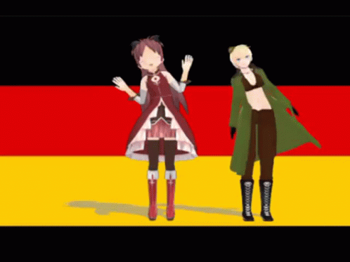 A Girl In A Red Dress And A Boy In A Green Coat Are Standing In Front Of A German Flag GIF