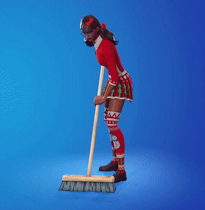 A Girl In A Red Dress And Socks Is Sweeping The Floor With A Broom GIF