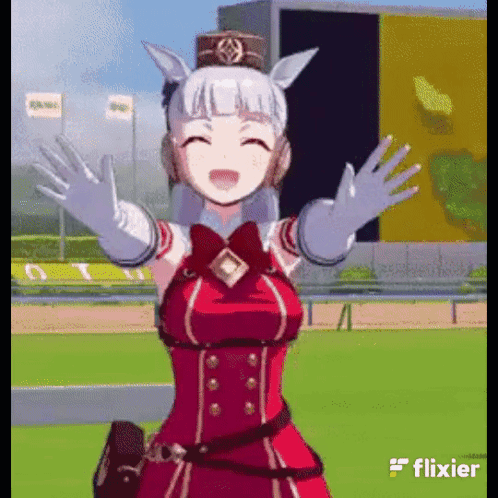 A Girl In A Red Dress And White Gloves Is Standing On A Race Track . GIF