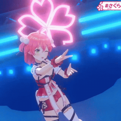 A Girl In A Red Dress Is Dancing In Front Of A Neon Sign That Says ' Sakura ' On It GIF