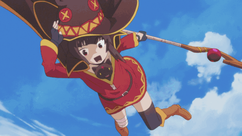 A Girl In A Red Dress Is Flying In The Air GIF