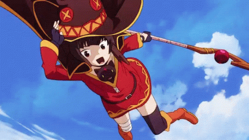 A Girl In A Red Dress Is Flying Through The Air Holding A Wand GIF