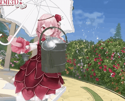 A Girl In A Red Dress Is Holding A White Umbrella And A Bucket GIF