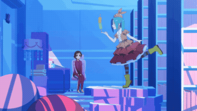 A Girl In A Red Dress Is Holding An Ice Cream Cone While Another Girl Sits In A Chair GIF