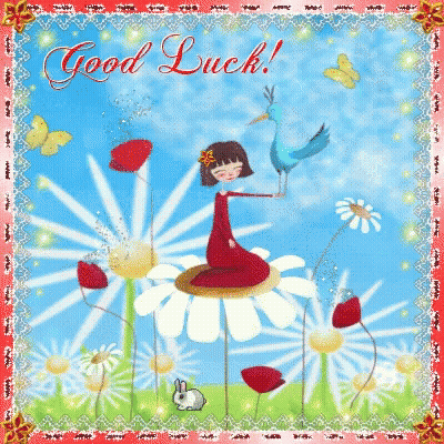 A Girl In A Red Dress Is Sitting On A Flower With A Bird And The Words " Good Luck " On The Bottom GIF