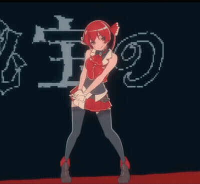 A Girl In A Red Dress Is Standing In Front Of A Black Background With Hearts And The Letter T GIF