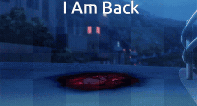 A Girl In A Red Dress Is Surrounded By Bullet Holes And The Words I Am Back GIF