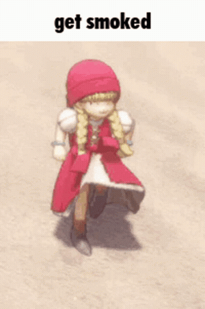 A Girl In A Red Dress Is Walking On A Dirt Road And Says Get Smoked GIF