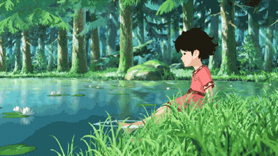 A Girl In A Red Dress Sits In The Grass Near A Pond GIF