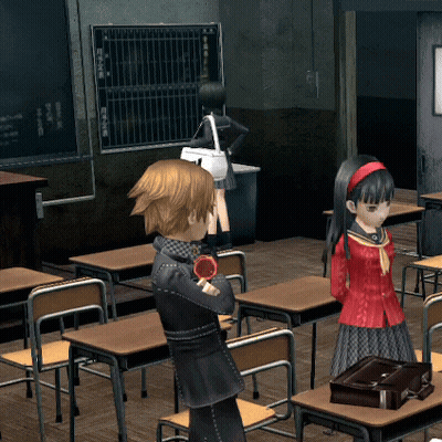 A Girl In A Red Dress Stands In A Classroom With A Boy GIF