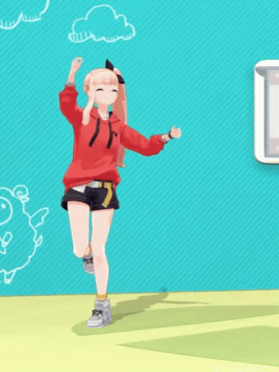 A Girl In A Red Hoodie Is Dancing In Front Of A Blue Wall With A Drawing Of A Sheep On It . GIF