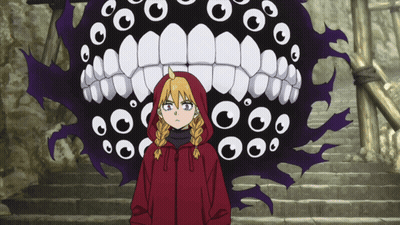 A Girl In A Red Hoodie Is Standing In Front Of A Monster With A Huge Mouth GIF
