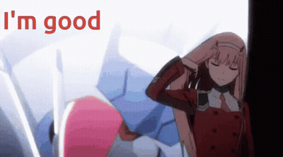 A Girl In A Red Jacket Is Standing In Front Of A Robot And The Words I 'M Good Are Above Her . GIF