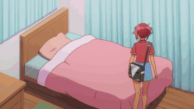 A Girl In A Red Shirt Is Standing Next To A Bed GIF