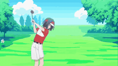 A Girl In A Red Shirt Is Swinging A Golf Club GIF