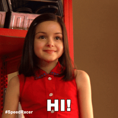 A Girl In A Red Shirt Says Hi In White Letters GIF